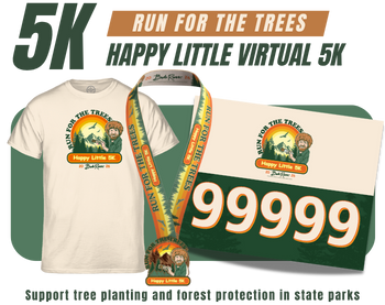 Happy Little 5K registration Happy Little 5K, $36, Run for the Trees, Support tree planting and forest protection in state parks, with images of T-shirt, medal and bib