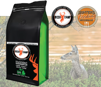 Bag of coffee with Deer Camp Coffee Roasting Company logo