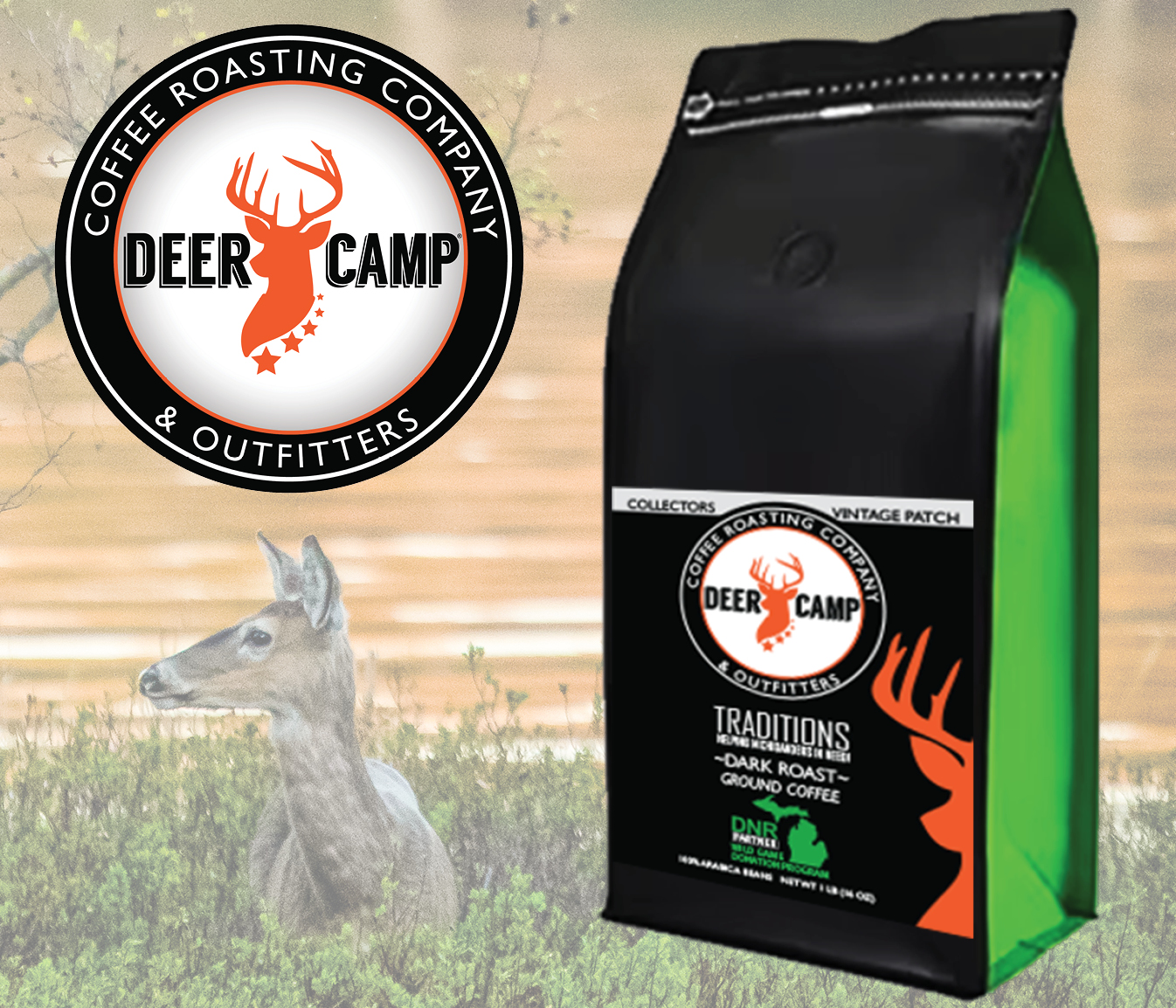 Bag of coffee with Deer Camp Coffee Roasting Company logo